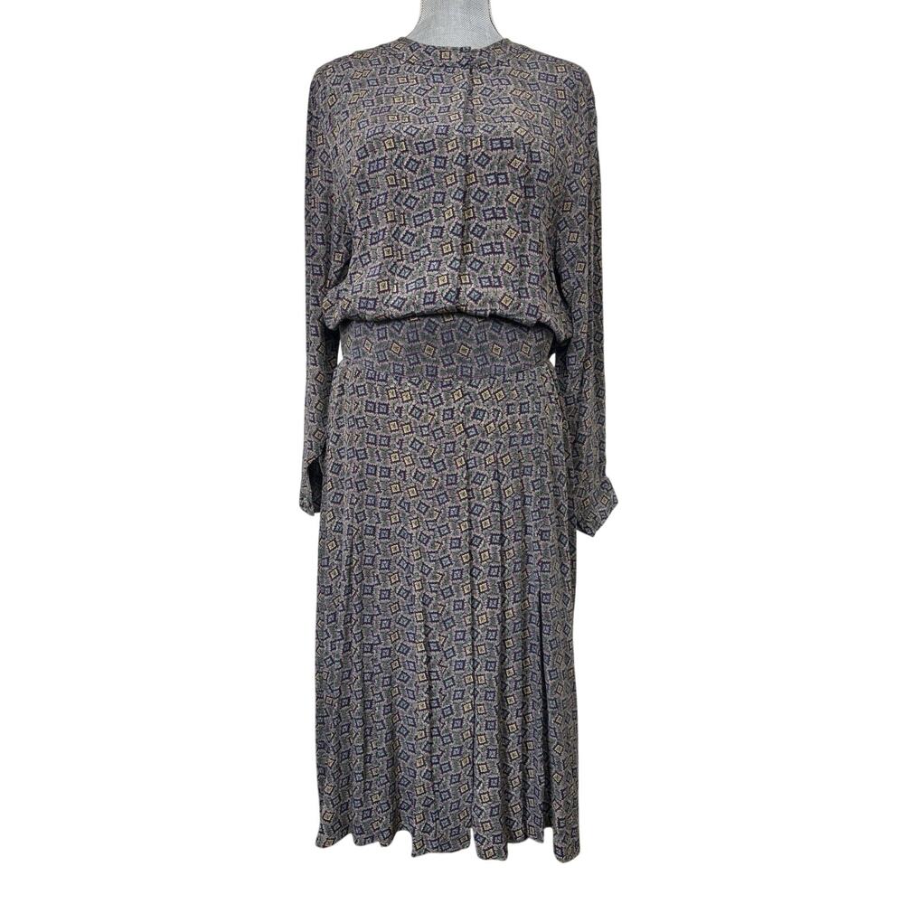 Vtg 80s Albert Nipon 100% Silk Geometric Print Blouson Pleated Dress 14 Belted